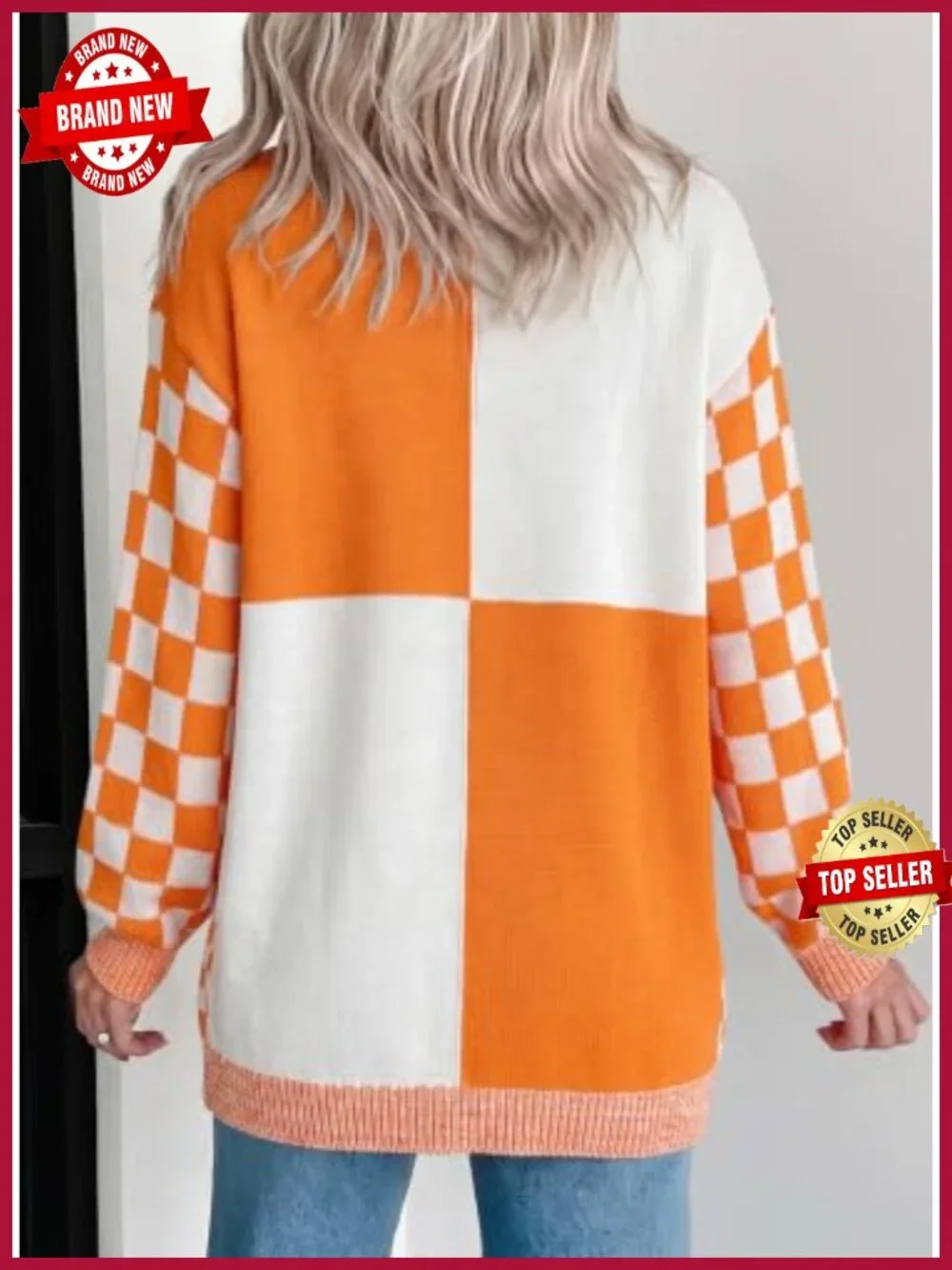 Chunky Knit Checkered Cardigan Sweater - Open Front with Pockets